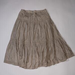 Cream Double Lined Cotton Midi Skirt With Lace And Floral